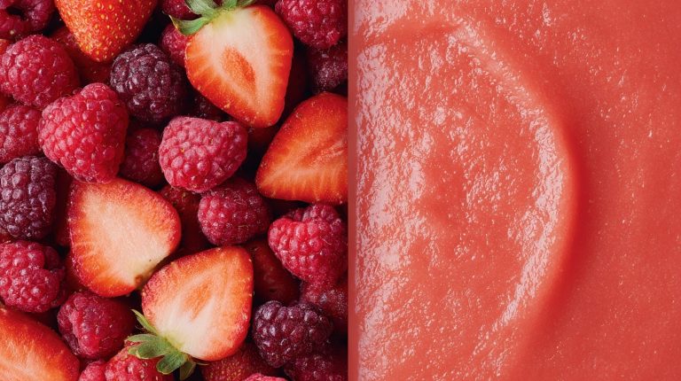 Strawberries and mulberries, along with the puree made from them